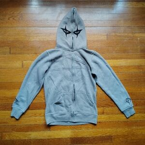 PHOLOH Embroidered Hoodie Gray Oversize Hood Small Zip Up Grey Punk Streetwear